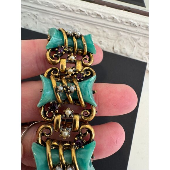 1950's Costume Vintage Selro Selini Turquiose Pearl Lucite Jewelry Bracelet - Picture 1 of 7